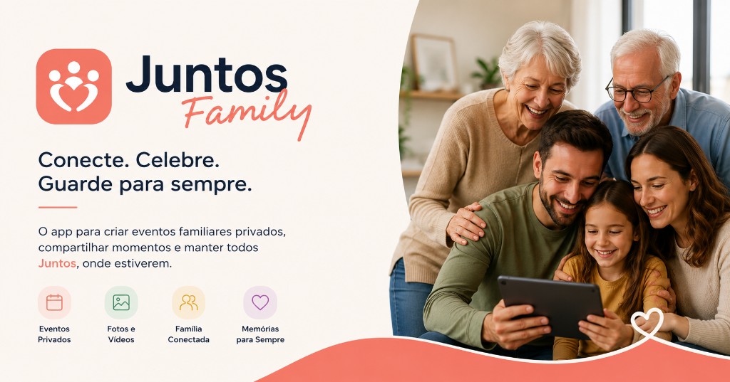 Família reunida usando o Juntos — conecte, celebre e guarde memórias